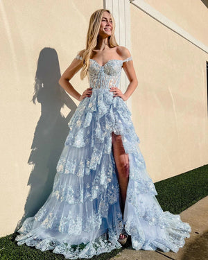 Capri | Blue Crystal Sequins Princess A Line Off the Shoulder Prom Dress with Lace Ruffles - KissProm