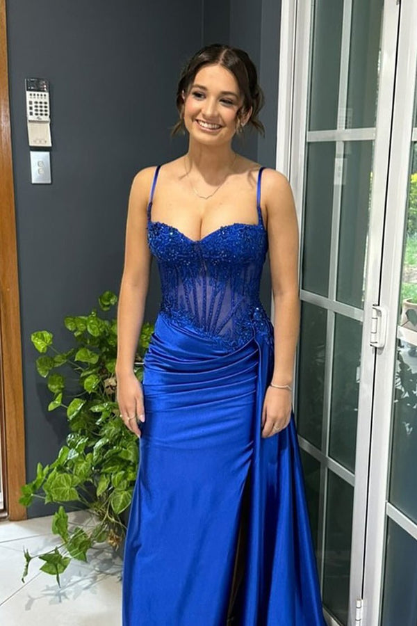 Silver Spaghetti Straps Mermaid Appliqued Prom Dress With Split – Prom Dress by KissProm | Available at KissProm