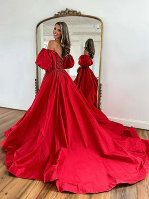 A-Line Off The Shoulder Taffeta Prom Dress With Short Puffy Sleeves – Prom Dress by KissProm | Available at KissProm