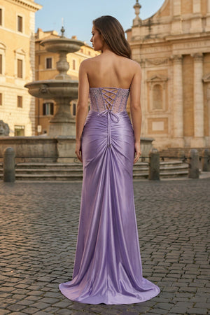 Purple Sweetheart Mermaid Satin Long Prom Dress with Beading