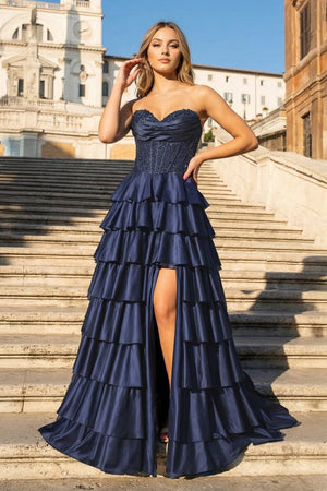 Navy Blue Sweetheart A Line Satin Appliqued Prom Dresses With Ruffles - KissProm