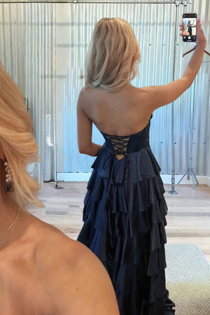 Elaria | Navy Blue - Sweetheart A Line Satin Appliqued Prom Dresses With Ruffles - KissProm