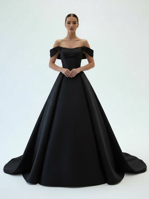 Elly | Elegant A - Line Off the Shoulder White Satin Wedding Dresses - KissProm