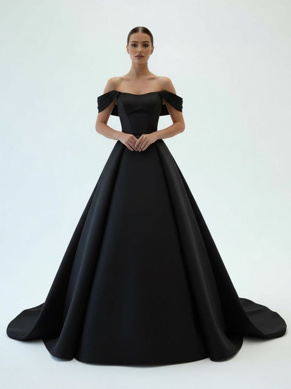 Elly | Elegant A - Line Off the Shoulder White Satin Wedding Dresses - KissProm