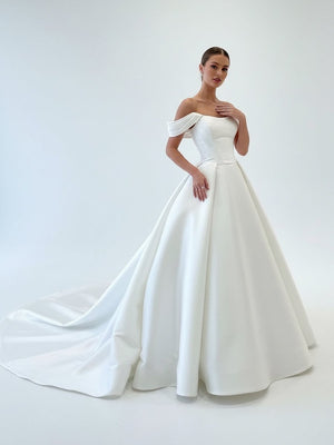 Elly | Elegant A - Line Off the Shoulder White Satin Wedding Dresses - KissProm