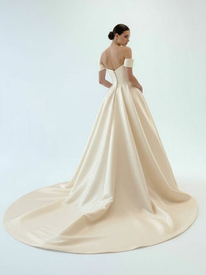 Elly | Elegant A - Line Off the Shoulder White Satin Wedding Dresses - KissProm