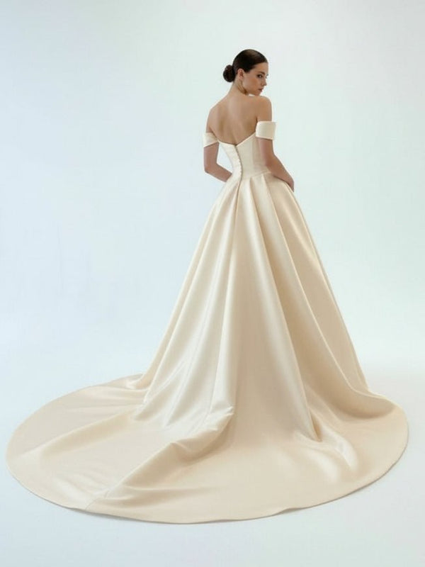 Elly | Elegant A - Line Off the Shoulder White Satin Wedding Dresses - KissProm