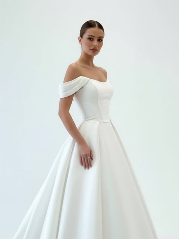 Elly | Elegant A - Line Off the Shoulder White Satin Wedding Dresses - KissProm