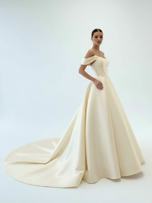 Elly | Elegant A - Line Off the Shoulder White Satin Wedding Dresses - KissProm