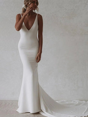 Elegant Mermaid V-Neck Elastic Satin Long Wedding Dresses – Wedding Dress by Kissprom | Available at KissProm