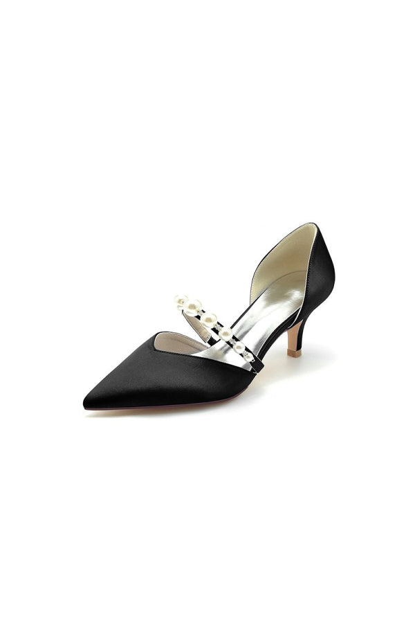 Elegant Satin Pointed Toe Heels with Pearl Strap - KissProm