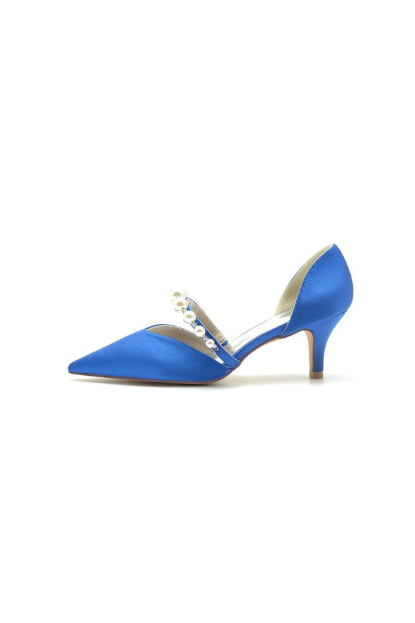Elegant Satin Pointed Toe Heels with Pearl Strap - KissProm