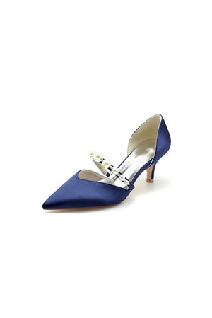 Elegant Satin Pointed Toe Heels with Pearl Strap - KissProm