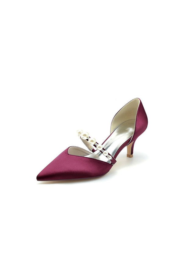 Elegant Satin Pointed Toe Heels with Pearl Strap - KissProm
