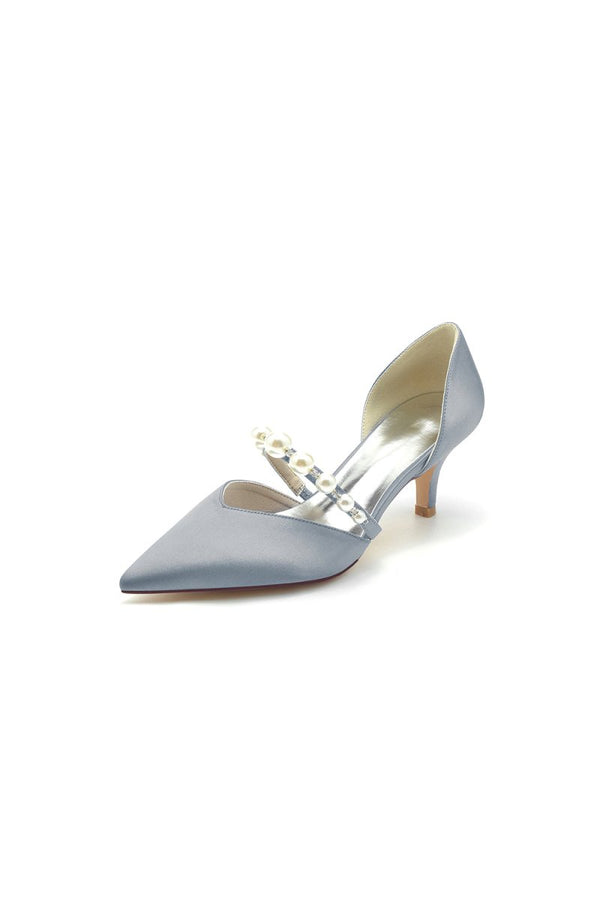 Elegant Satin Pointed Toe Heels with Pearl Strap - KissProm