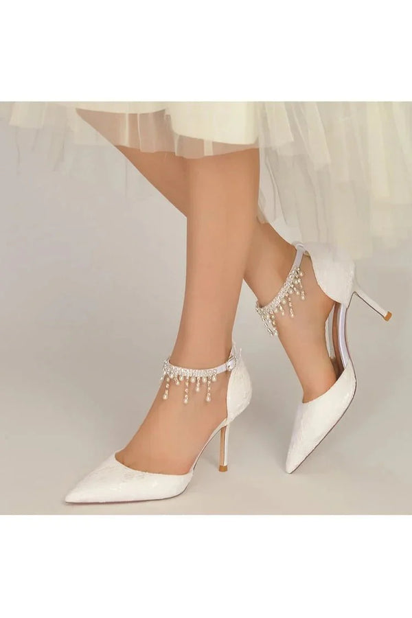 Elegant White Ankle Strap Pearl Beaded Wedding Shoes - KissProm