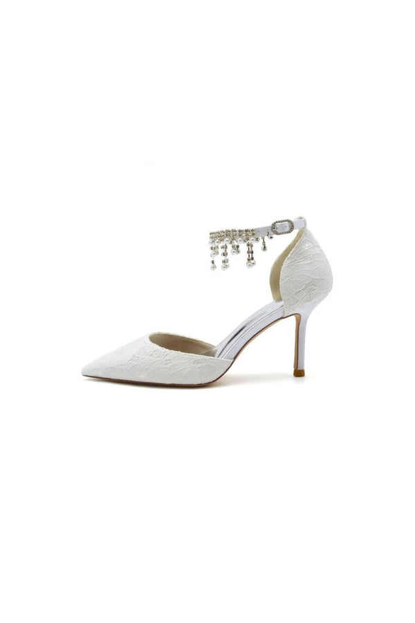 Elegant White Ankle Strap Pearl Beaded Wedding Shoes - KissProm