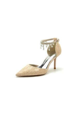 Elegant White Ankle Strap Pearl Beaded Wedding Shoes - KissProm