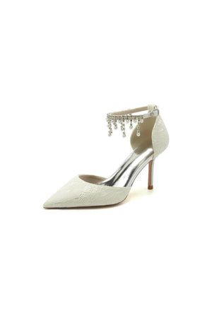 Elegant White Ankle Strap Pearl Beaded Wedding Shoes - KissProm
