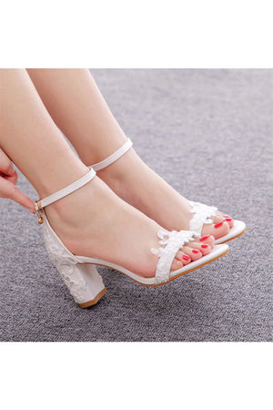 Elegant White Lace Open Toe Ankle - strap Block Heels - KissProm