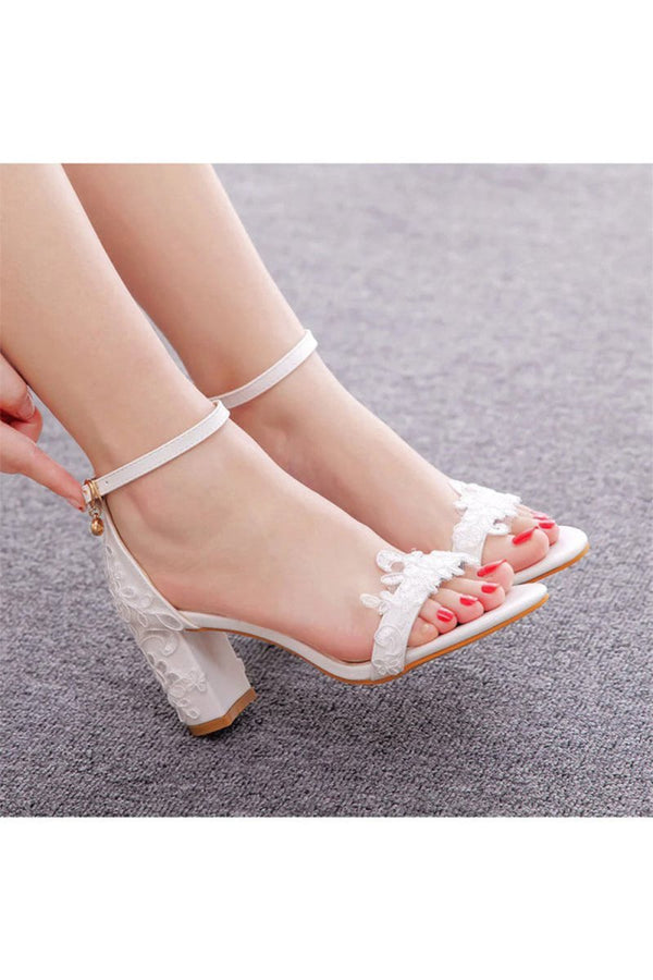Elegant White Lace Open Toe Ankle - strap Block Heels - KissProm