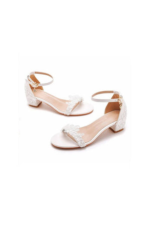 Elegant White Lace Open Toe Ankle - strap Block Heels - KissProm