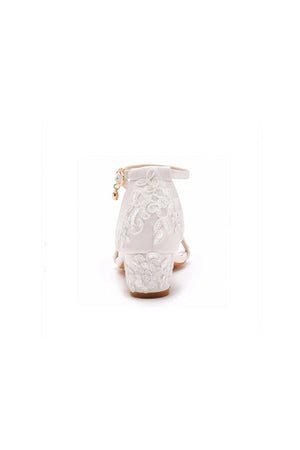 Elegant White Lace Open Toe Ankle - strap Block Heels - KissProm