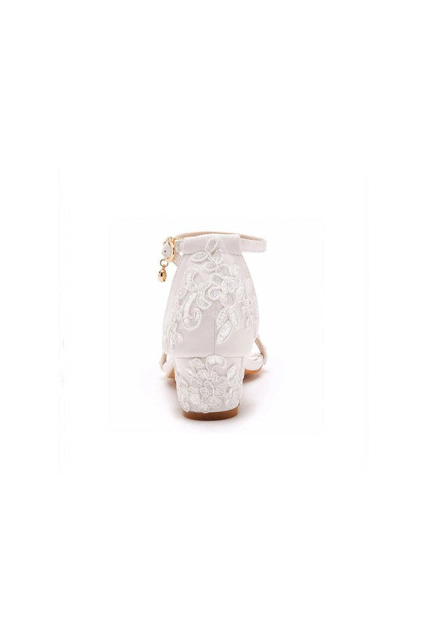 Elegant White Lace Open Toe Ankle - strap Block Heels - KissProm