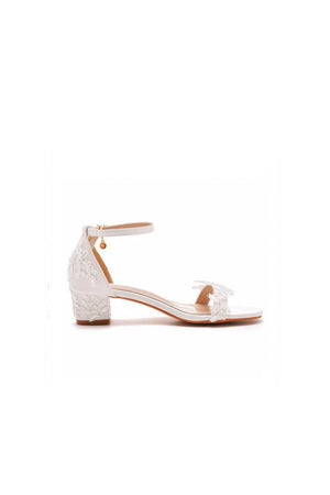 Elegant White Lace Open Toe Ankle - strap Block Heels - KissProm