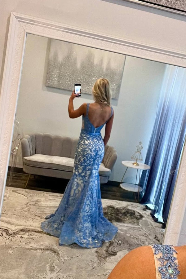 Gorgeous Mermaid Square Neck Blue Lace Prom Dress – Prom Dresses by KissProm | Available at KissProm