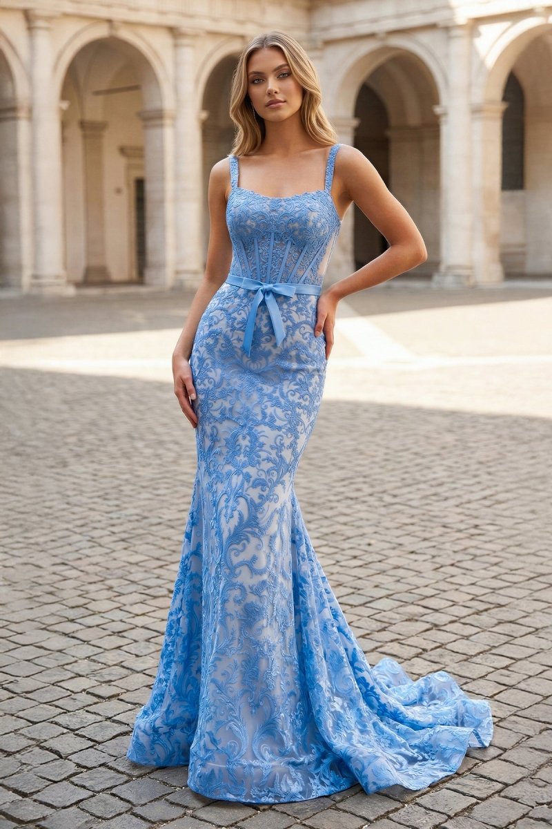 Gorgeous Mermaid Square Neck Blue Lace Prom Dress – Prom Dresses by KissProm | Available at KissProm