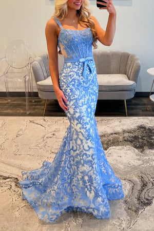 Gorgeous Mermaid Square Neck Blue Lace Prom Dress – Prom Dresses by KissProm | Available at KissProm