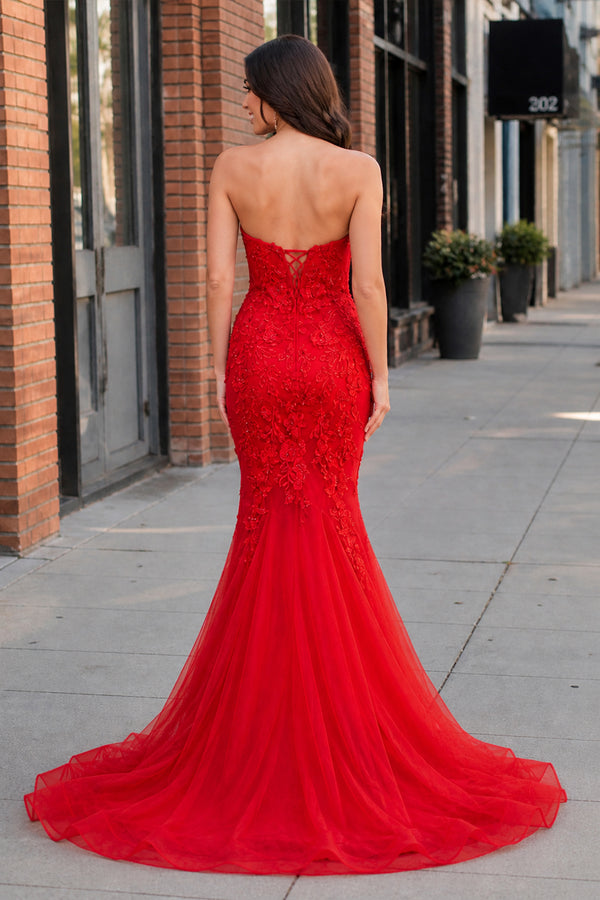 Ellorie | Mermaid Sweetheart Red Lace Long Prom Dresses - KissProm