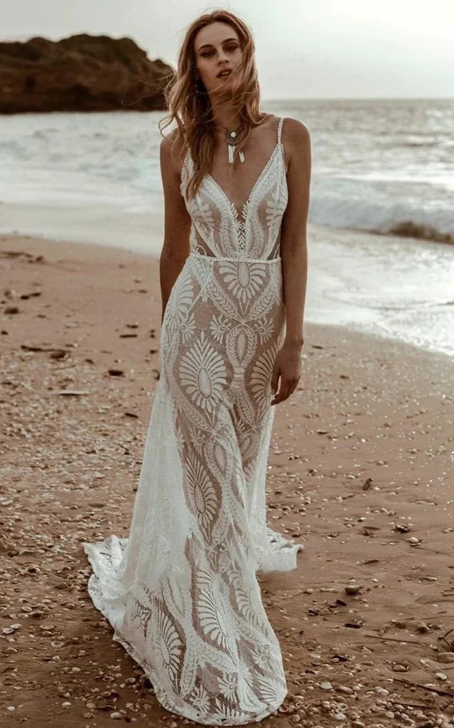 Beach Floral Mermaid Plunging Boho Lace Wedding Dress with Sweep Train – Wedding Dresses by Kissprom | Available at KissProm