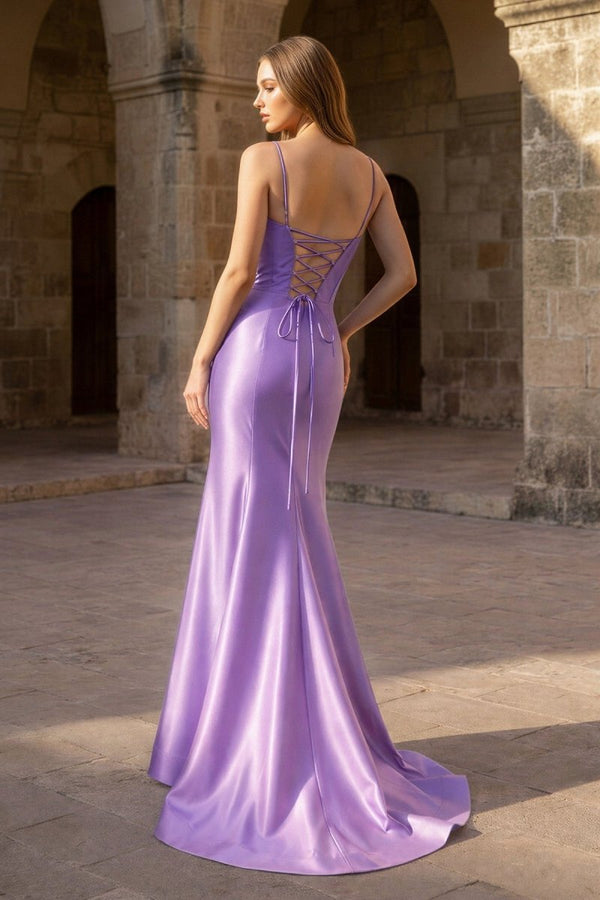 Plunge Neck Black Satin Mermaid Long Prom Dress - KissProm