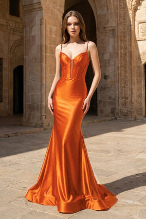 Plunge Neck Black Satin Mermaid Long Prom Dress - KissProm