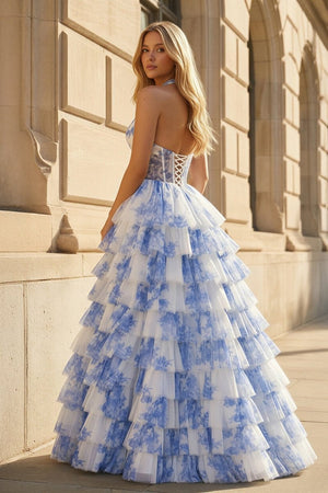 Blue Halter A Line Floral Chiffon Formal Prom Dresses With Ruffles - KissProm