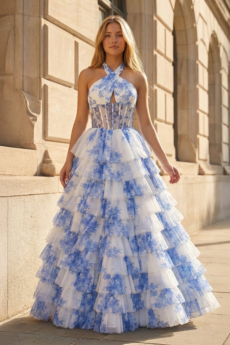 Blue Halter A Line Floral Chiffon Formal Prom Dresses With Ruffles - KissProm
