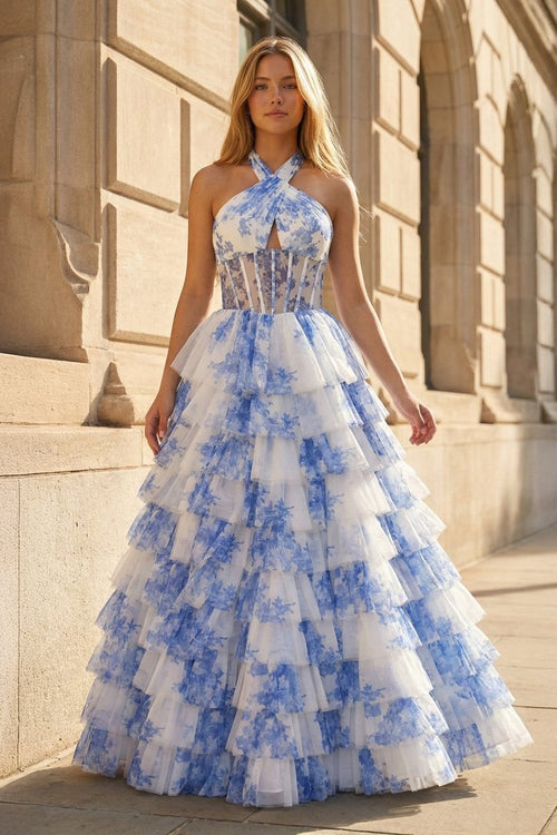 Blue Halter A Line Floral Chiffon Formal Prom Dresses With Ruffles - KissProm