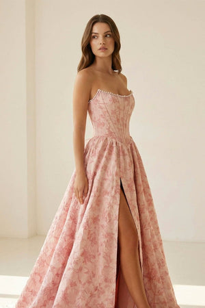 Pink A Line Strapless Jacquard Long Prom Dresses With Slit – Prom Dresses by KissProm | Available at KissProm