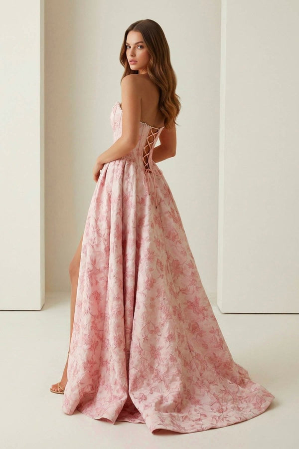 Pink A Line Strapless Jacquard Long Prom Dresses With Slit – Prom Dresses by KissProm | Available at KissProm