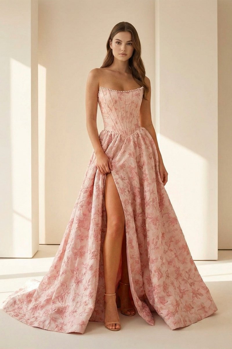 Pink A Line Strapless Jacquard Long Prom Dresses With Slit – Prom Dresses by KissProm | Available at KissProm