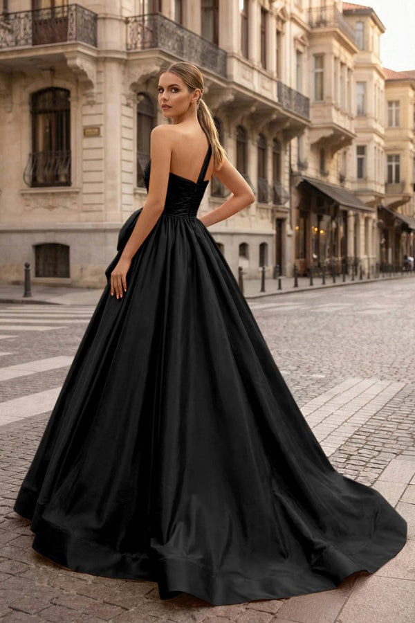 One Shoulder Satin A Line Prom Dress With Bow - KissProm