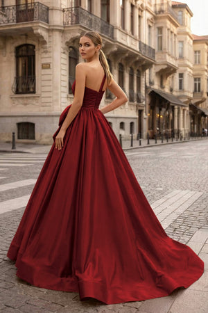 One Shoulder Satin A Line Prom Dress With Bow - KissProm