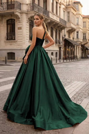 One Shoulder Satin A Line Prom Dress With Bow - KissProm