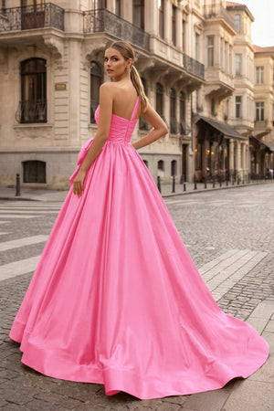 One Shoulder Satin A Line Prom Dress With Bow - KissProm