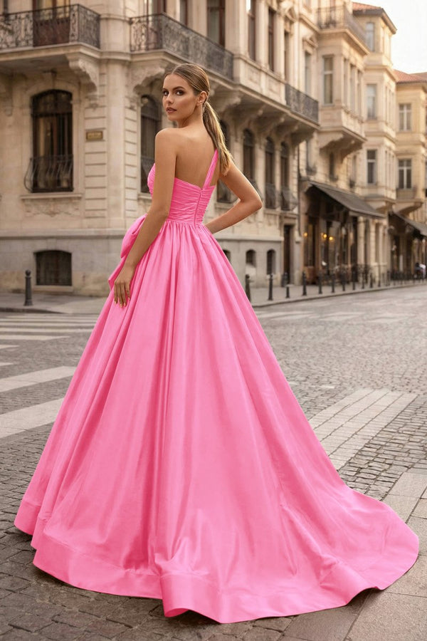 One Shoulder Satin A Line Prom Dress With Bow - KissProm