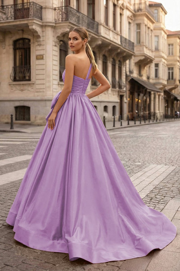 One Shoulder Satin A Line Prom Dress With Bow - KissProm