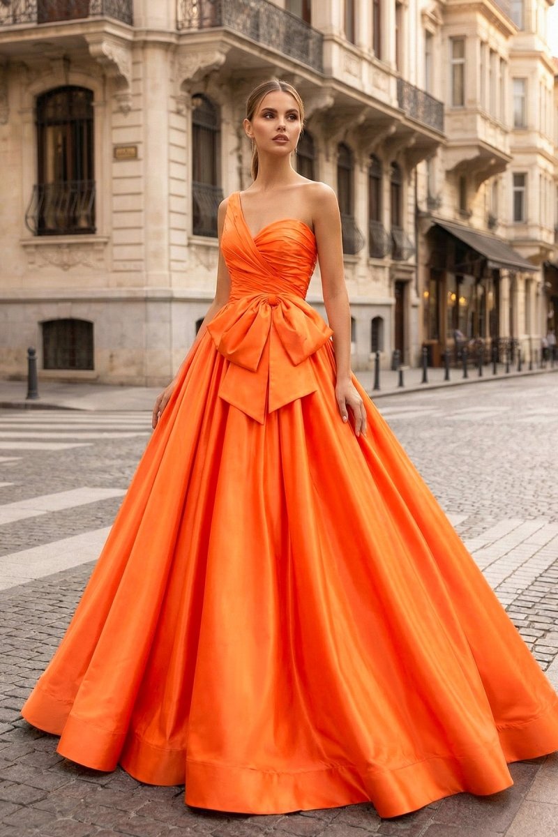 One Shoulder Satin A Line Prom Dress With Bow - KissProm