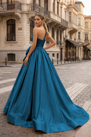 One Shoulder Satin A Line Prom Dress With Bow - KissProm